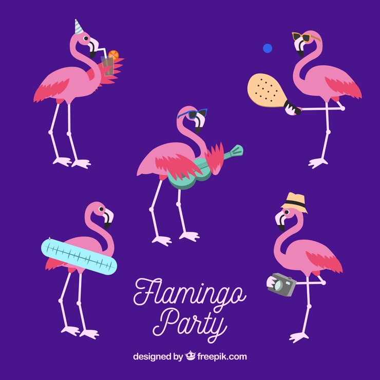 Vector Gratis koleksi flamingo datar dalam berbagai pose