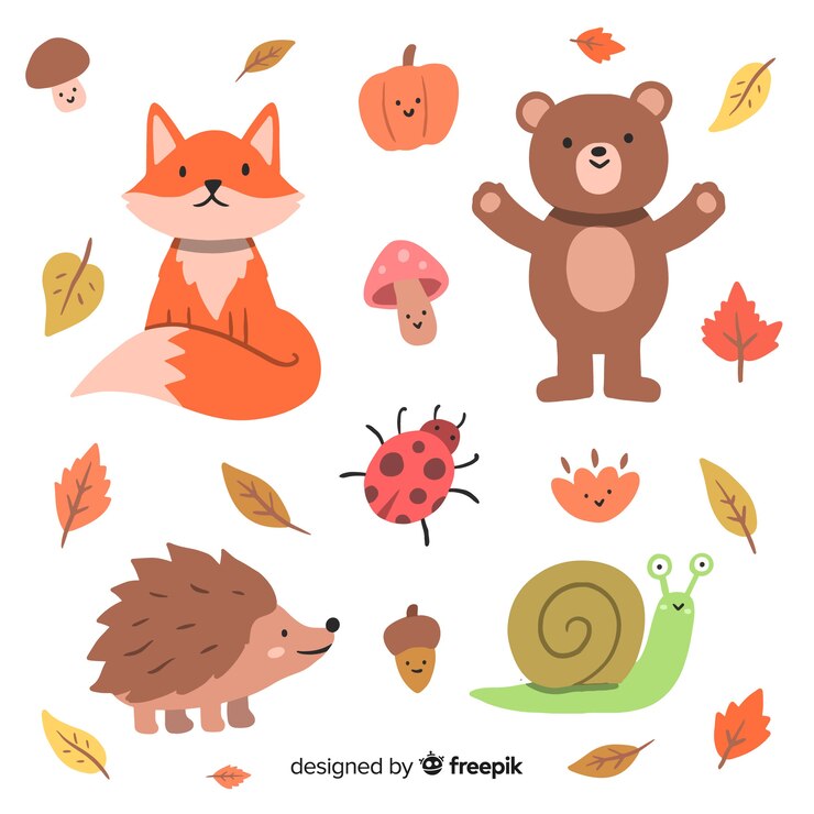 Vector Gratis koleksi hewan hutan musim gugur yang digambar tangan
