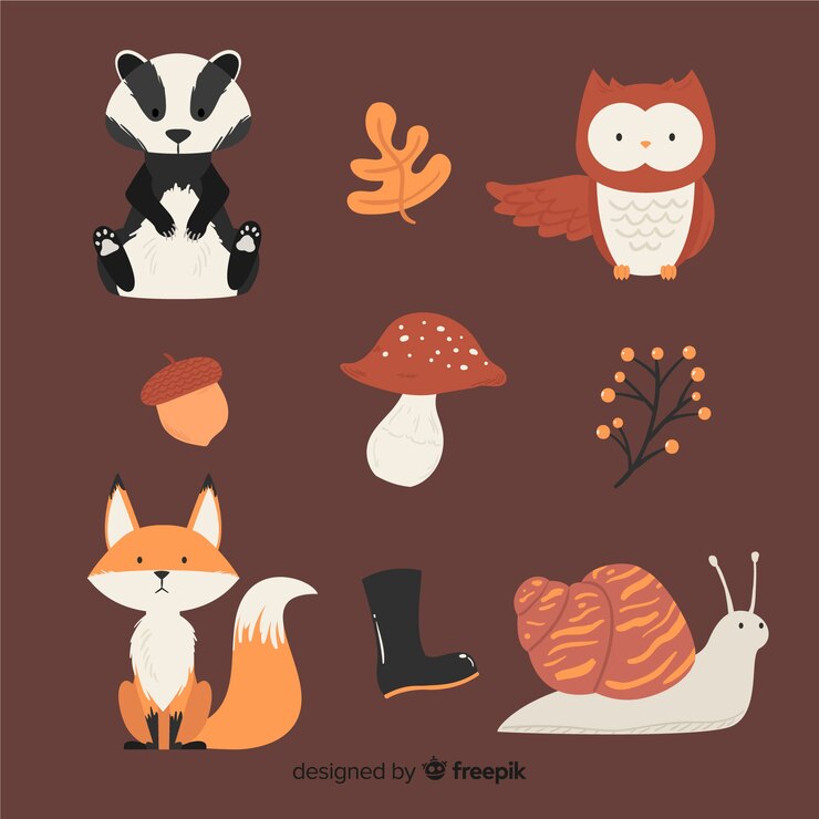 Vector Gratis koleksi hewan hutan musim gugur yang digambar tangan