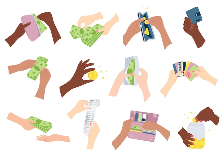 Vector Gratis koleksi ikon datar tangan dengan uang dengan tangan berwarna terisolasi memegang metode pembayaran dan ilustrasi vektor dompet