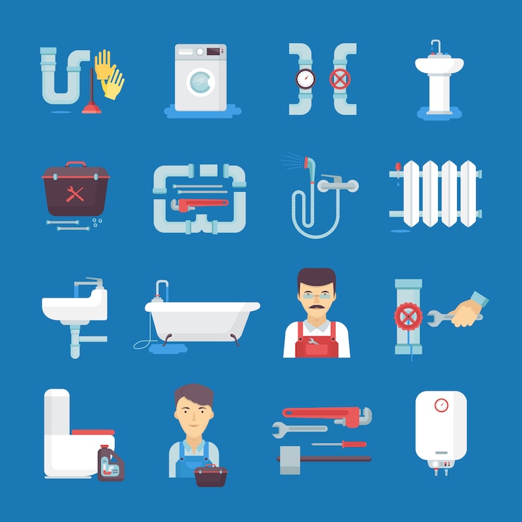 Vector Gratis koleksi ikon datar tukang ledeng dengan pemanas air wastafel toilet.