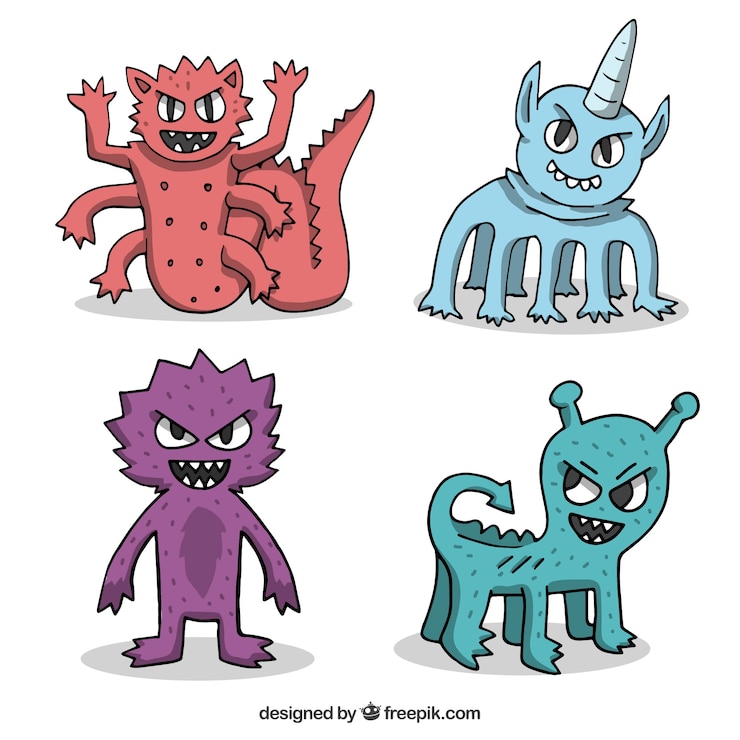 Vector Gratis koleksi karakter monster dengan wajah lucu