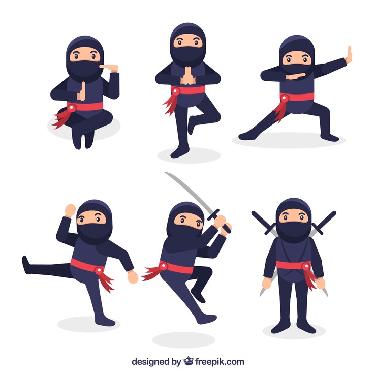 Vector Gratis koleksi karakter ninja datar dalam berbagai pose