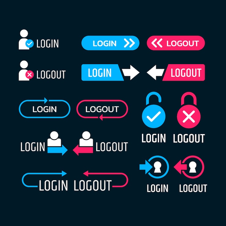 Vector Gratis koleksi label tombol login dan logout yang digambar tangan