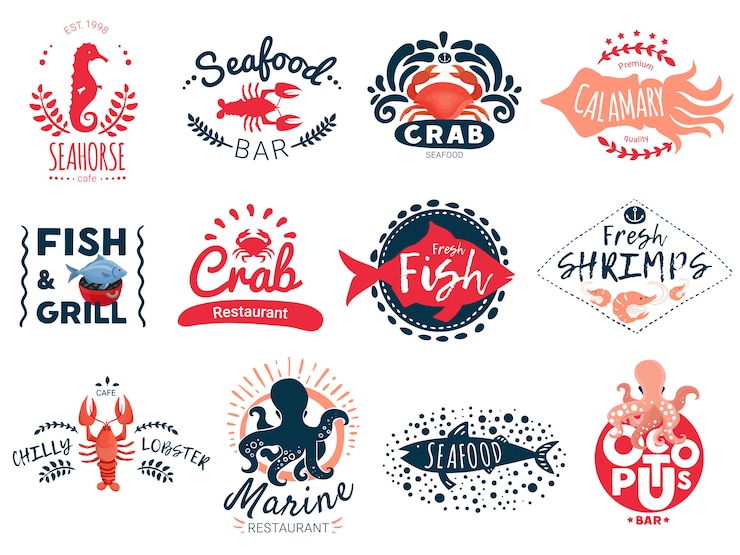 Vector Gratis koleksi lambang kreatif makanan laut