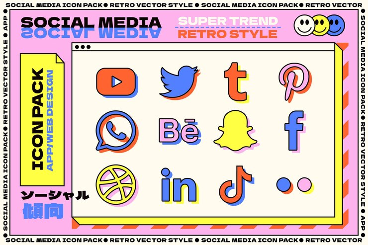 Koleksi logo media sosial dalam gaya Retro