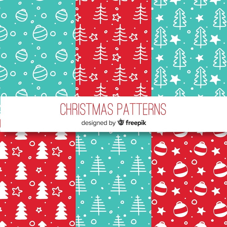 Vector Gratis koleksi pola natal yang digambar tangan penuh warna