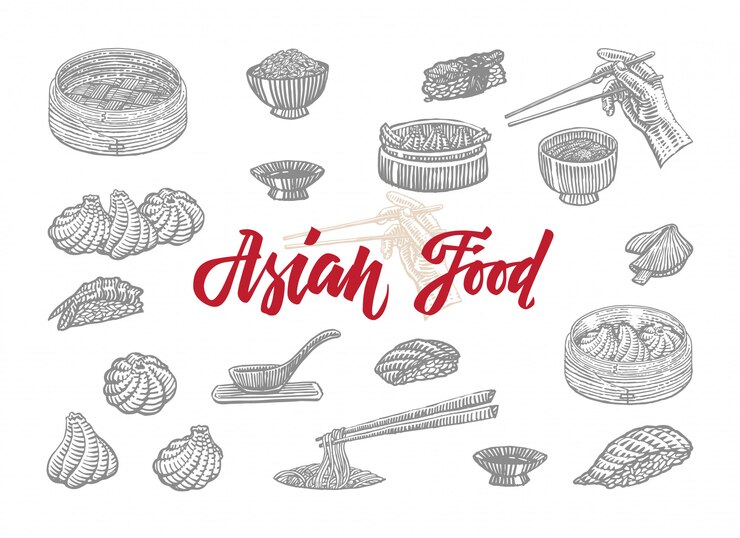 Vector Gratis koleksi sketsa makanan asia