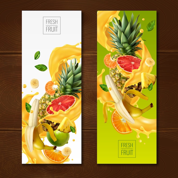 Vector Gratis koleksi spanduk jus buah realistis dengan komposisi irisan dan daun buah pada gradien