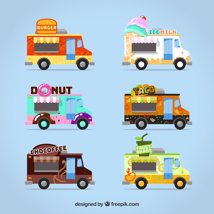 Vector Gratis koleksi truk makanan dengan gaya warna-warni