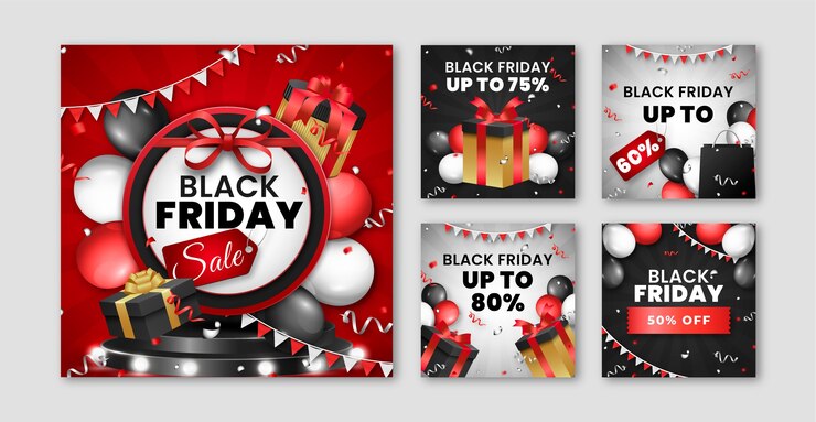 Vector Gratis koleksi unggahan instagram black friday hitam realistis