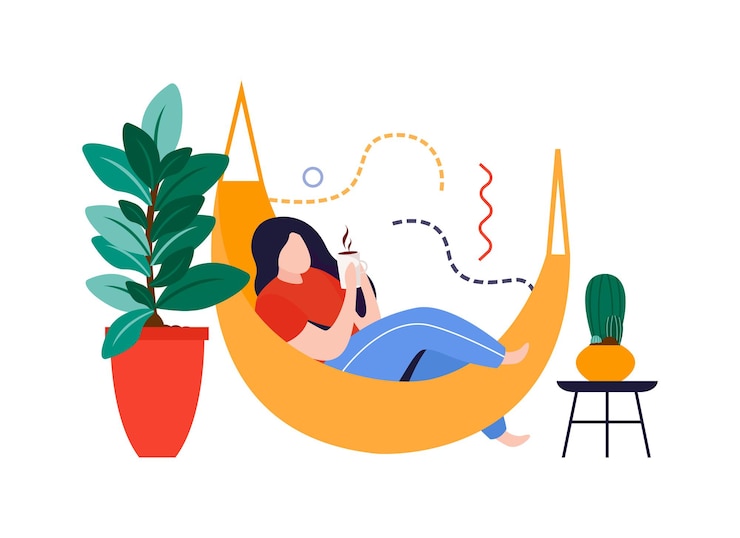Vector Gratis komposisi datar taman rumah dengan wanita berbaring di tempat tidur gantung dengan ilustrasi vektor tanaman rumah