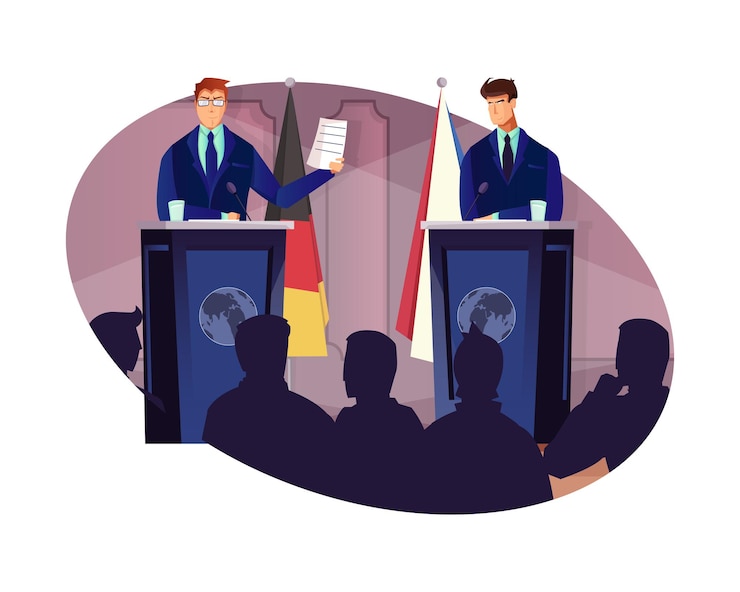 Vector Gratis komposisi diplomasi datar dengan dua perwakilan berbicara di konferensi