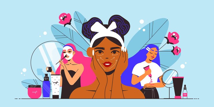 Vector Gratis komposisi horizontal wanita tata rias dengan karakter gadis dengan produk kosmetik masker wajah krim dan scrub