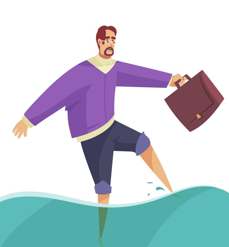 Vector Gratis komposisi hujan cuaca buruk dengan tampilan terisolasi seorang pria berjalan melewati banjir air ilustrasi vektor