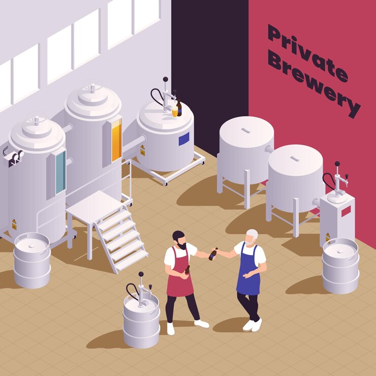 Vector Gratis komposisi isometrik bisnis keluarga kecil dengan tampilan dalam ruangan dari unit industri untuk membuat bir dengan ilustrasi vektor orang
