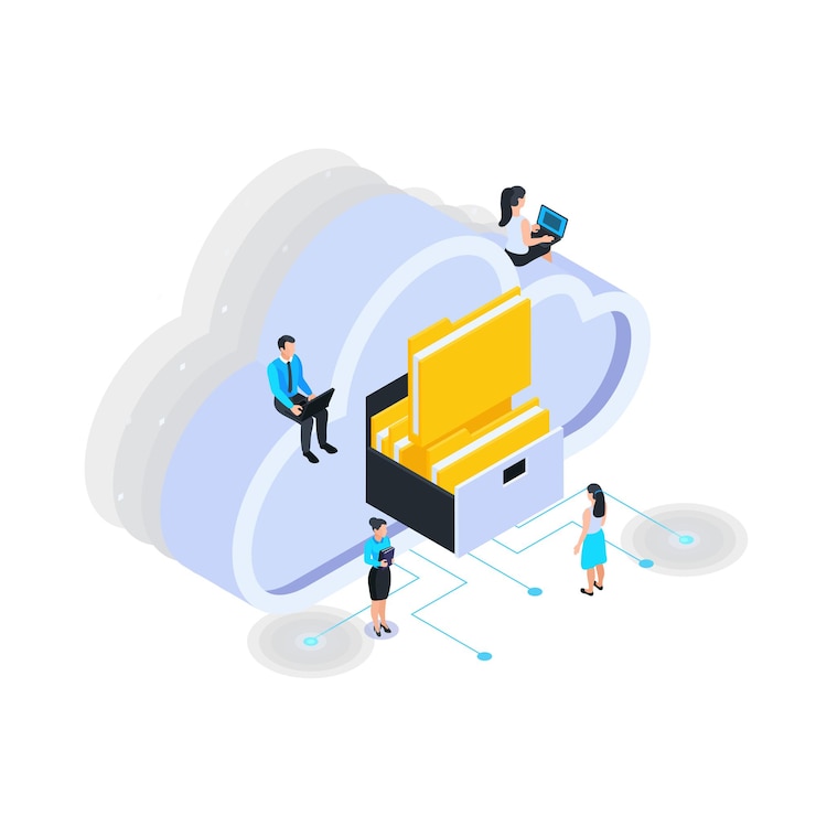 Vector Gratis komposisi isometrik layanan cloud dengan ikon folder di kotak cloud dengan ilustrasi vektor orang yang sedang duduk
