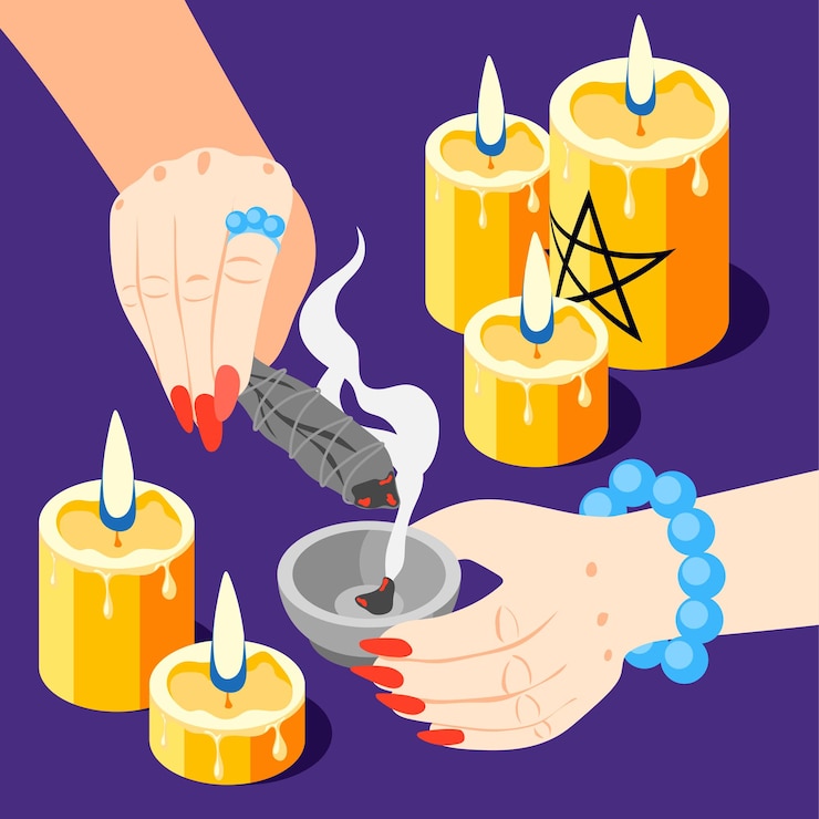 Vector Gratis komposisi isometrik layanan magis dengan gambar lilin menyala dan tangan peramal yang melakukan ritual spodomansi ilustrasi