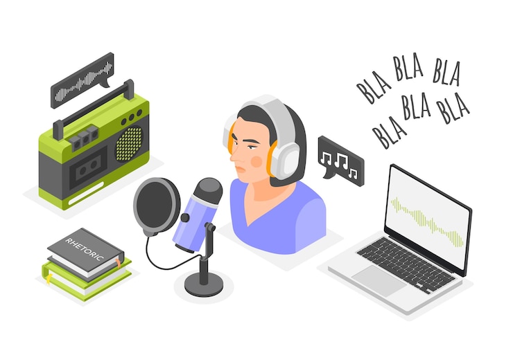 Vector Gratis komposisi isometrik retorika dengan pembawa acara radio wanita berbicara ke mikrofon laptop dan buku ilustrasi vektor