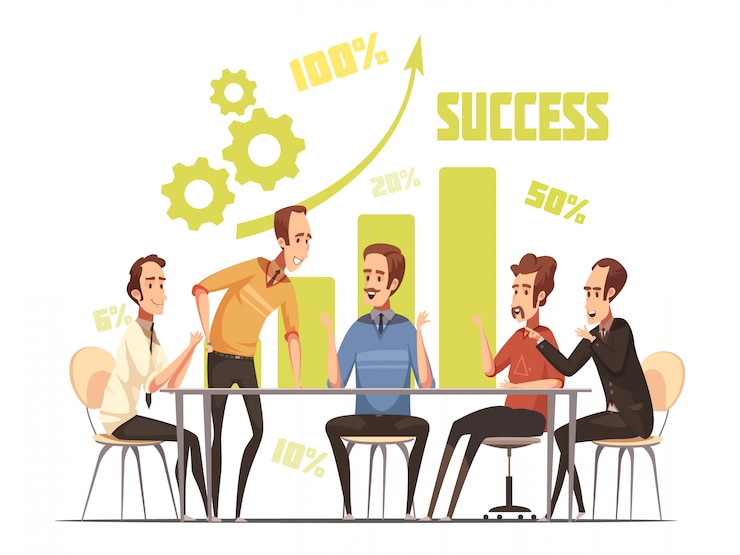 Vector Gratis komposisi pertemuan bisnis dengan simbol kesuksesan dan ide ilustrasi vektor kartun