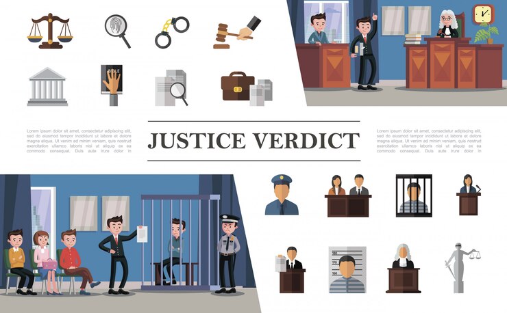 Vector Gratis komposisi sistem hukum datar dengan pengacara terdakwa, juri, hakim, petugas polisi di gedung pengadilan, dan ikon keadilan warna-warni