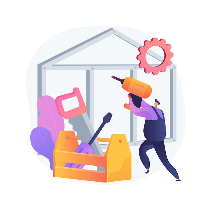 Vector Gratis konsep abstrak ilustrasi layanan tukang kayu. pemeliharaan bangunan dan renovasi rumah, perbaikan furnitur, partisi kayu, lemari khusus, bingkai jendela, pekerjaan kayu.