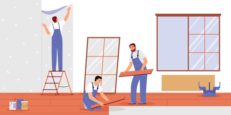 Vector Gratis konsep datar renovasi rumah dengan tukang memperbaiki lantai dan wallpaper ilustrasi vektor