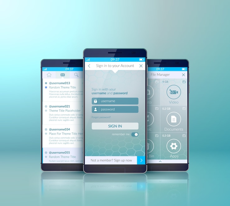 Vector Gratis konsep desain antarmuka pengguna seluler dengan tiga ponsel cerdas realistis pada latar belakang terang yang terisolasi