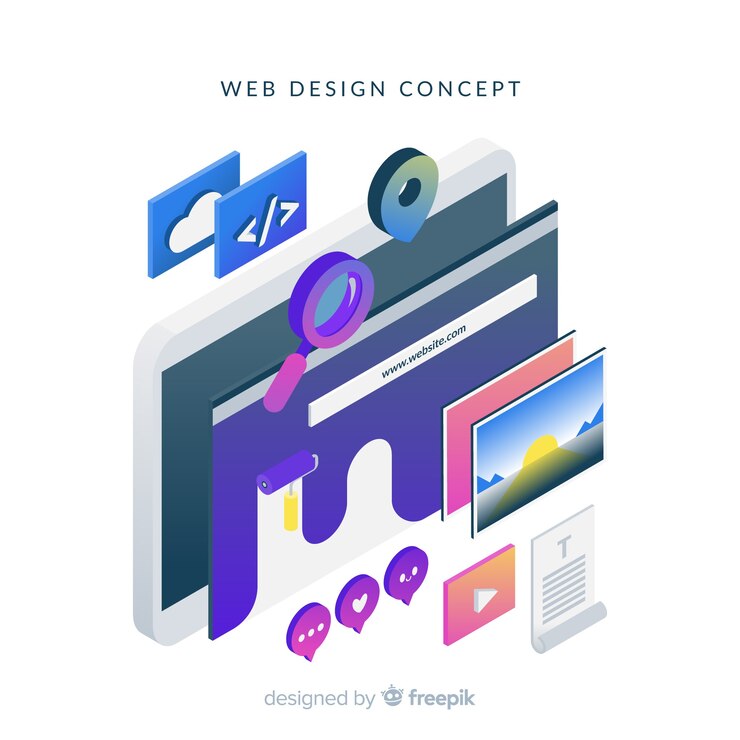Vector Gratis konsep desain web penuh warna dengan perspektif isometrik