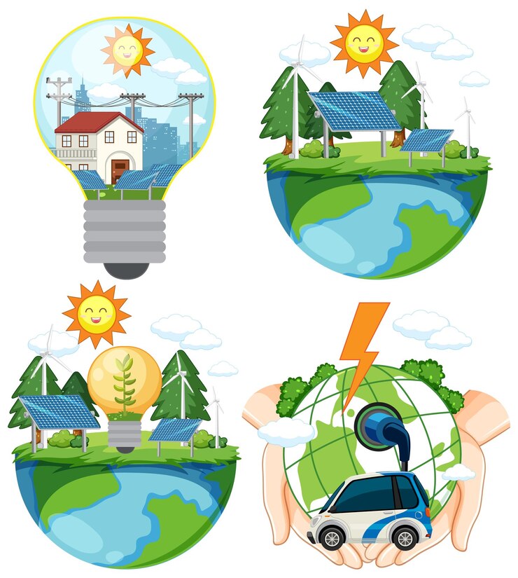Vector Gratis konsep energi hijau dengan panel surya dan turbin angin