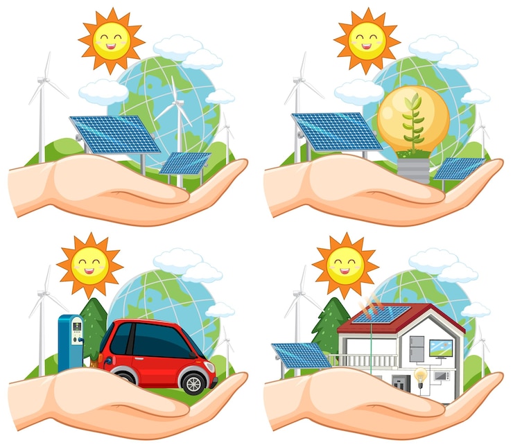 Vector Gratis konsep energi hijau dengan panel surya dan turbin angin