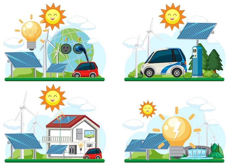 Vector Gratis konsep energi hijau dengan panel surya dan turbin angin