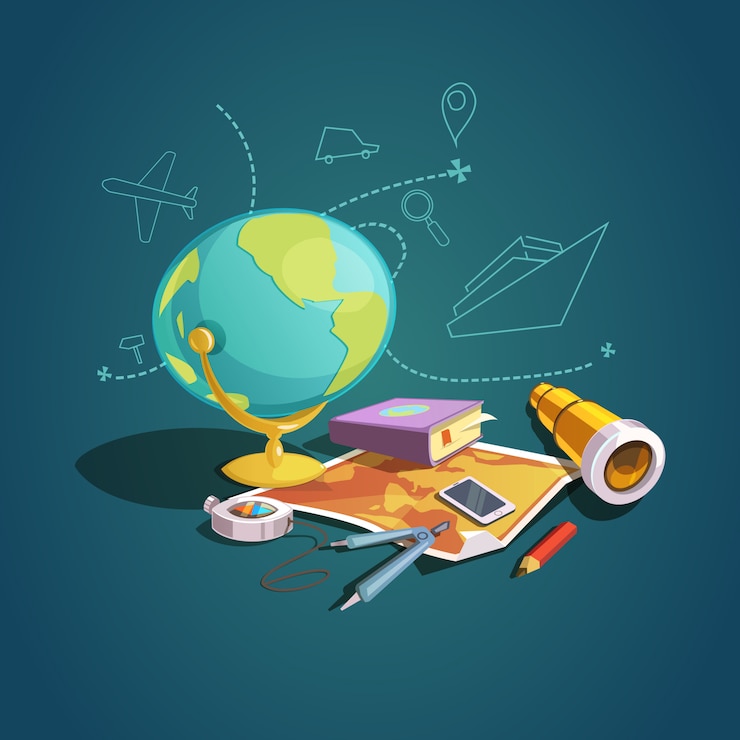 Vector Gratis konsep geoprafi dengan set pelajaran sekolah kartun retro