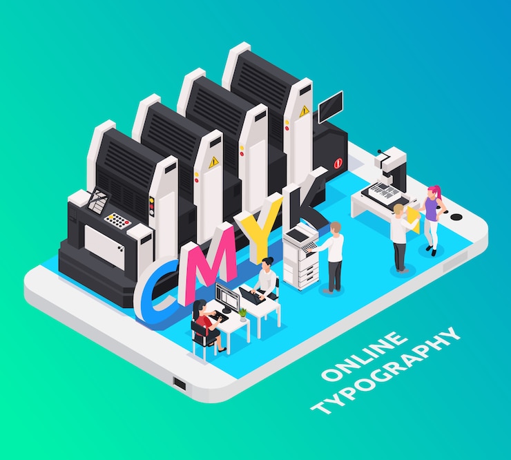 Vector Gratis konsep industri poligrafi dengan isometrik simbol tipografi online