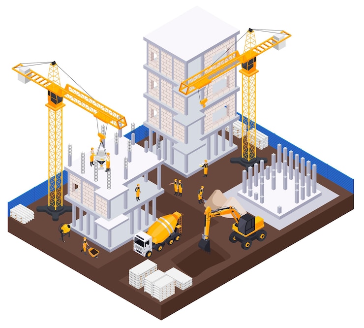 Vector Gratis konsep isometrik industri konstruksi dengan ilustrasi simbol peralatan dan material