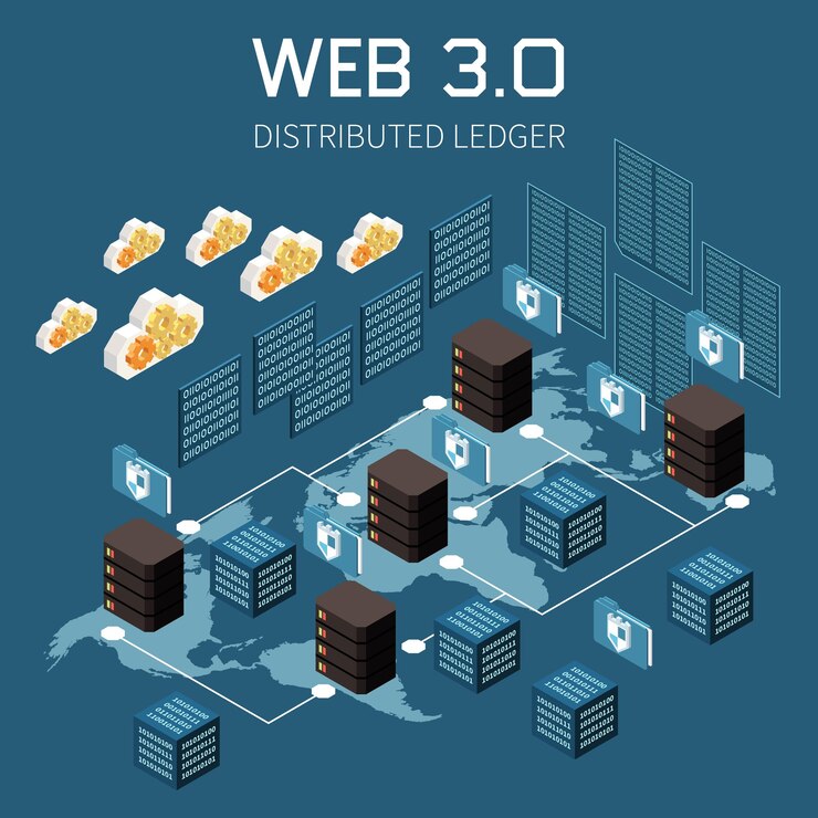 Vector Gratis konsep isometrik teknologi web 3.0 dengan ilustrasi vektor simbol buku besar terdistribusi