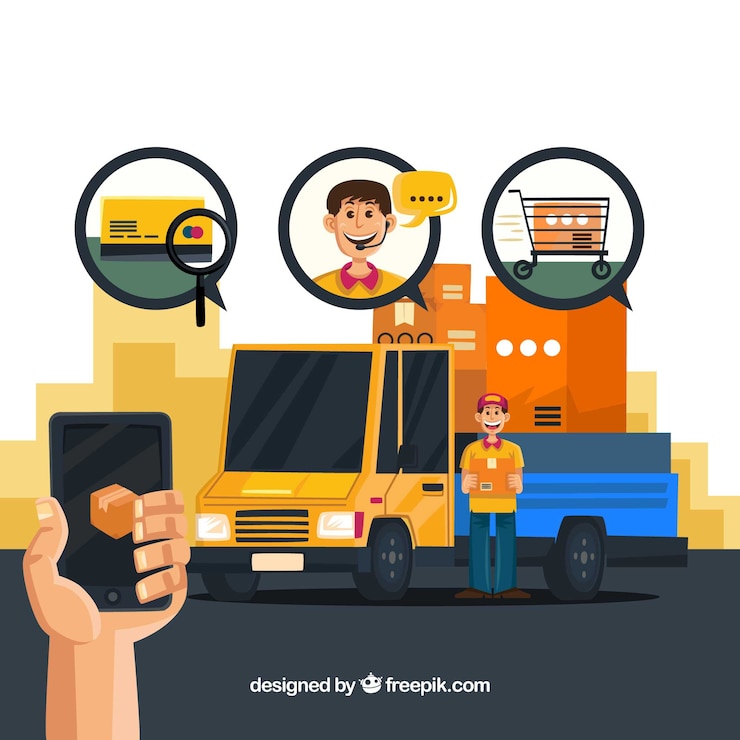Vector Gratis konsep pengiriman dengan truk dan smartphone