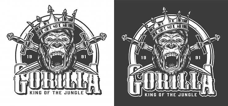 Vector Gratis label vintage gorila marah memakai mahkota