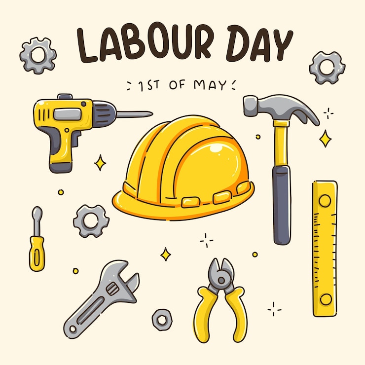 Vector Gratis labour day cartoon vector with tools and safety helmet