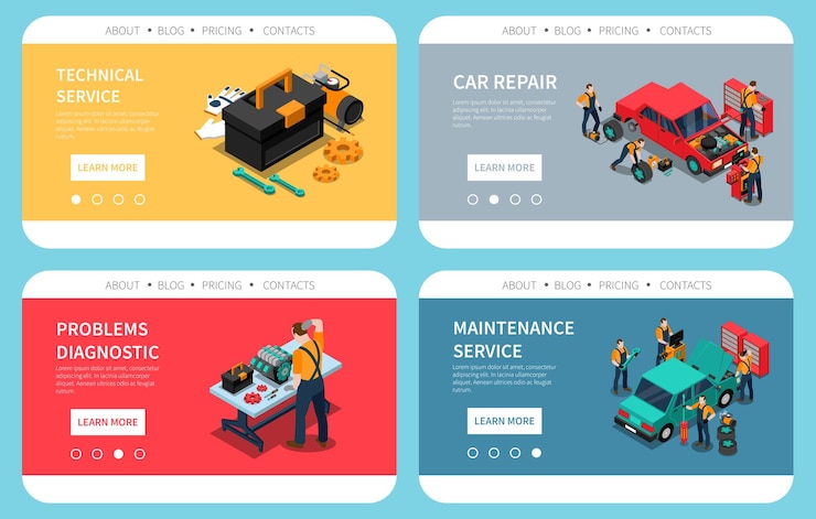 Vector Gratis landing page with car repair maintenance problem diagnostic parts replacement technical service