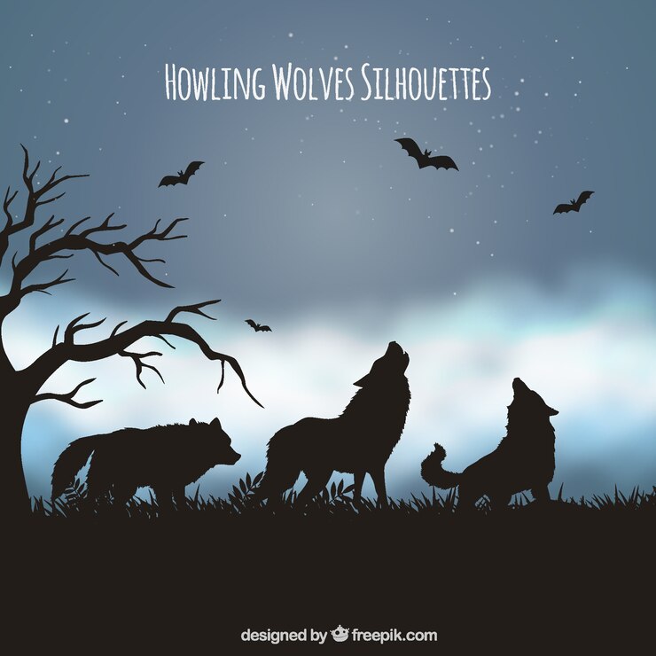 Vector Gratis landscape background with silhouette of wolves and bats