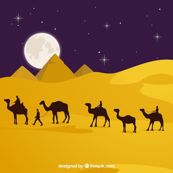 Vector Gratis lanskap malam datar dengan piramida mesir dan kafilah unta
