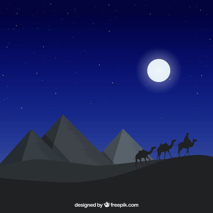 Vector Gratis lanskap malam datar dengan piramida mesir dan kafilah unta