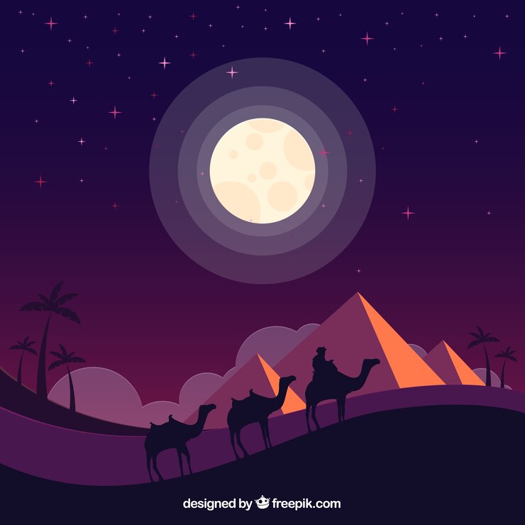 Vector Gratis lanskap piramida mesir dengan karavan unta