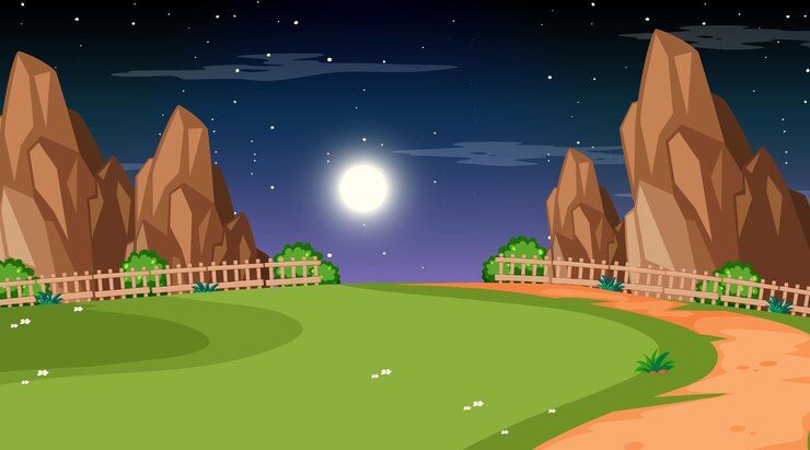 Vector Gratis lanskap taman alam kosong di pemandangan malam dengan jalan setapak melalui padang rumput
