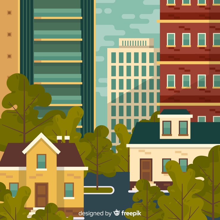 Vector Gratis lanskap urban datar dengan gedung perkantoran