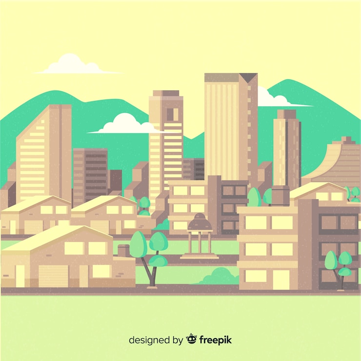 Vector Gratis lanskap urban datar dengan gedung perkantoran
