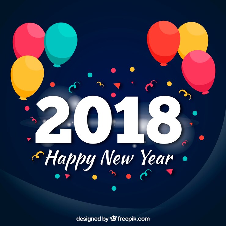 Vector Gratis latar belakang 2018 dengan balon dan confetti warna-warni