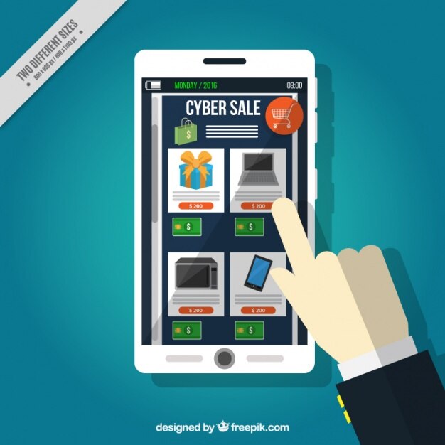 Vector Gratis latar belakang cyber monday dengan jari menyentuh layar ponsel