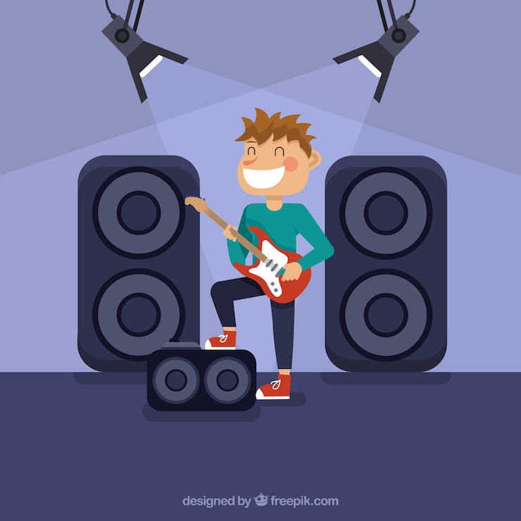 Vector Gratis latar belakang datar pemain gitar yang tersenyum